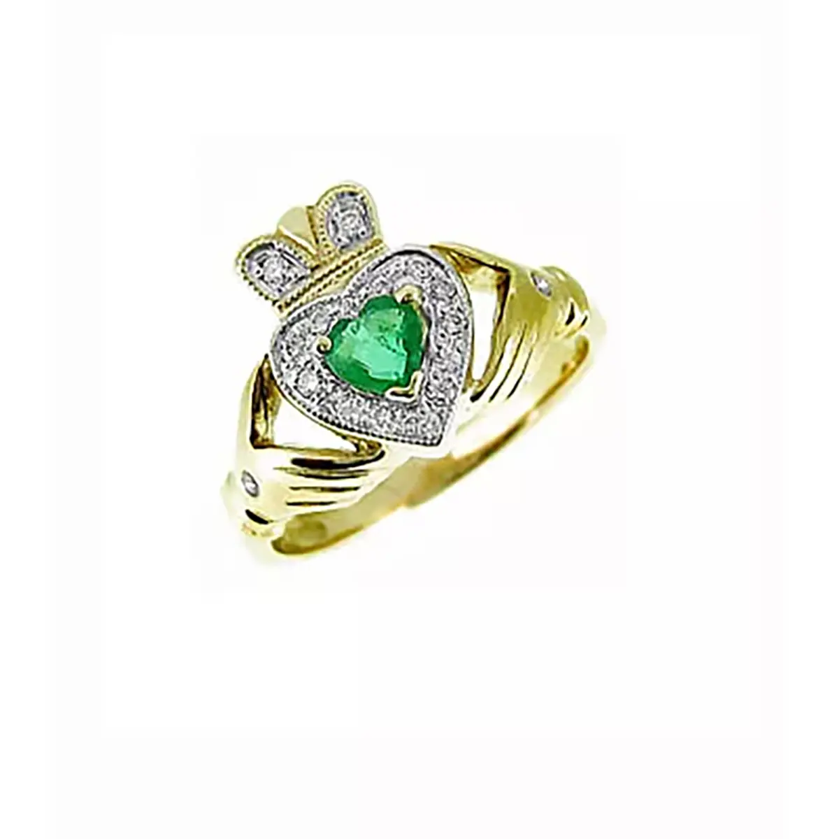 Gold Heartshape Emerald Diamond Claddagh Ring