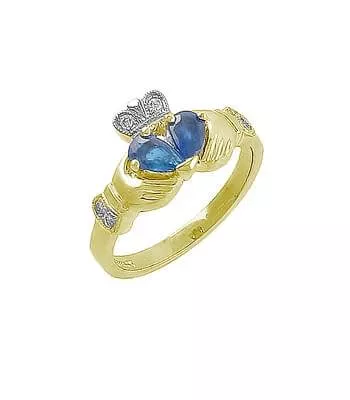 14k Yellow Gold Split Heart Sapphire & Diamond Claddagh Ring