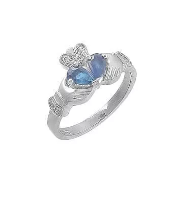 Split Heart Sapphire And Diamond Claddagh Ring in White Gold Photo 1 