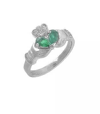 14k White Gold Pearshape Emerald And Diamond Claddagh Ring 1 1...