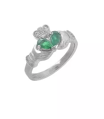 14k White Gold Pearshape Emerald And Diamond Claddagh Ring