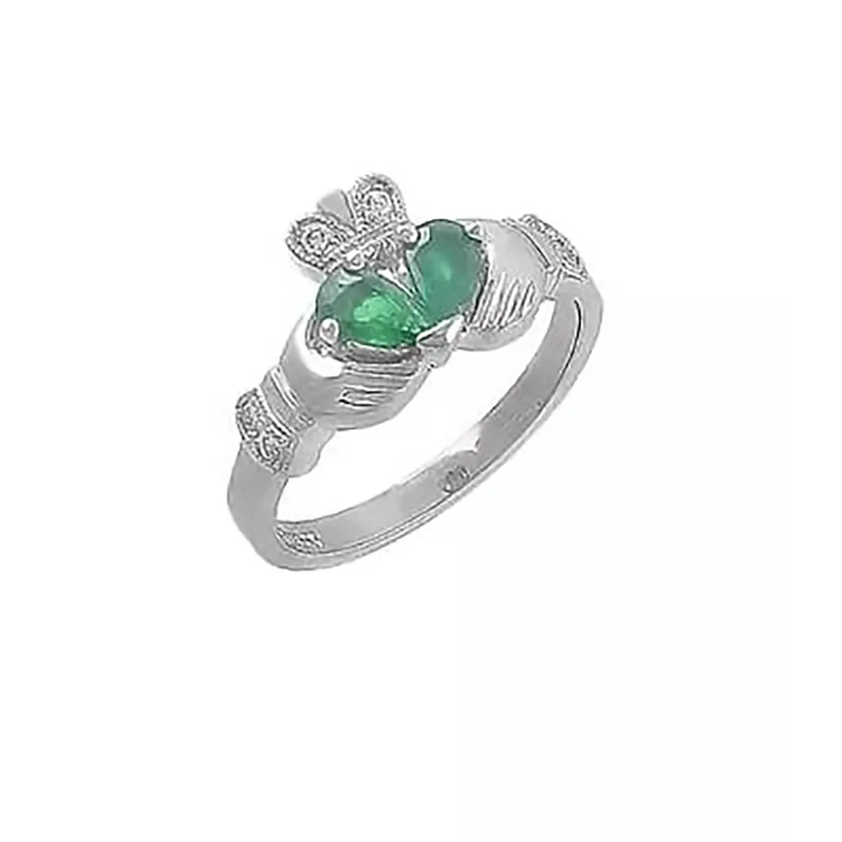 14k_White Gold Pearshape Emerald And Diamond Claddagh Ring...