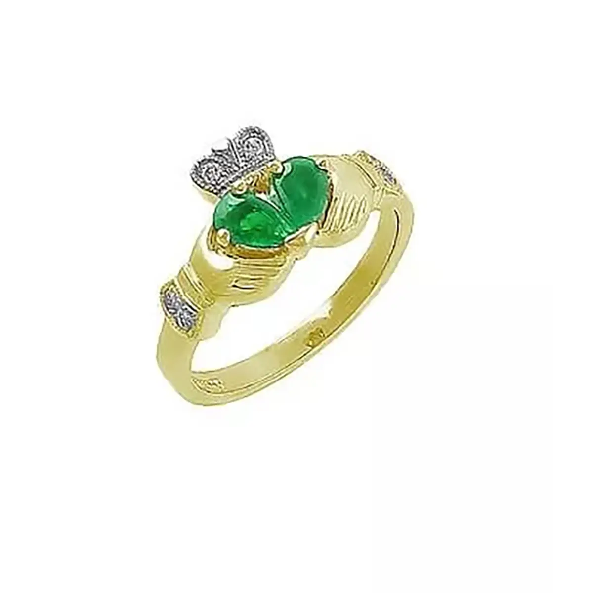 1_yellow Gold Split Heart Emerald And Diamond Claddagh Ring...