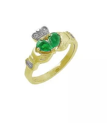 Yellow Gold Split Heart Emerald And Diamond Claddagh Ring