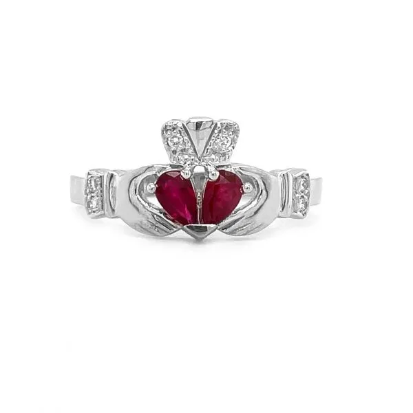 White Gold Split Heart Ruby Claddagh Ring
