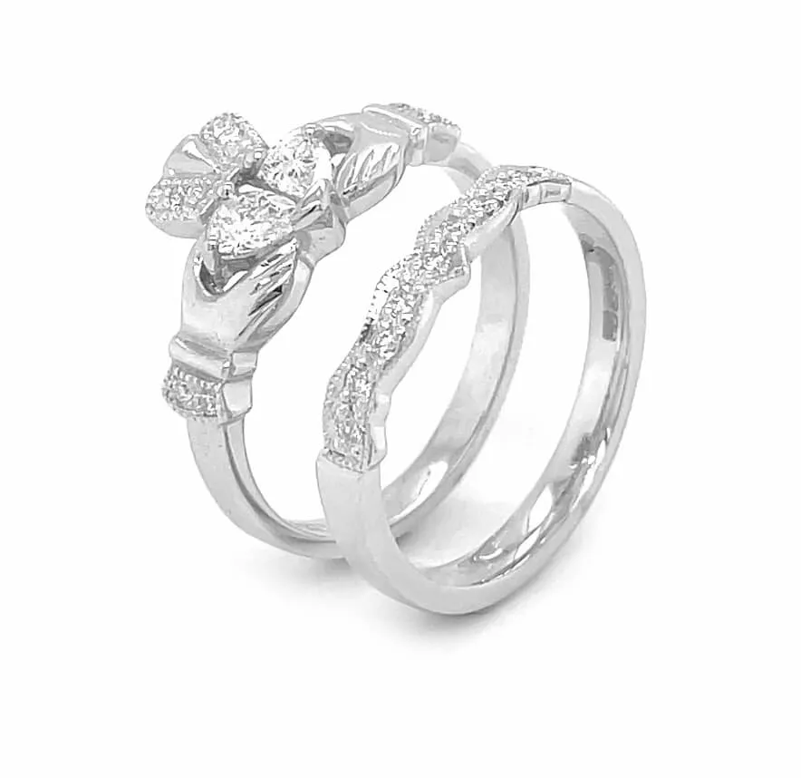 White Gold Claddagh Engagement and Wedding Ring Set