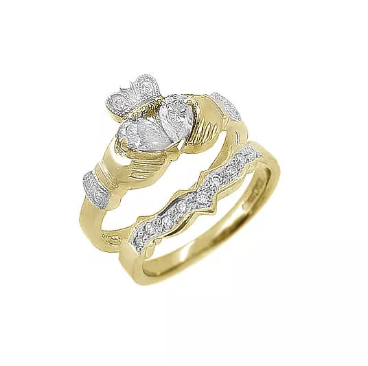 Split Heart Diamond Claddagh Engagement Ring Set 14k Yellow Gold