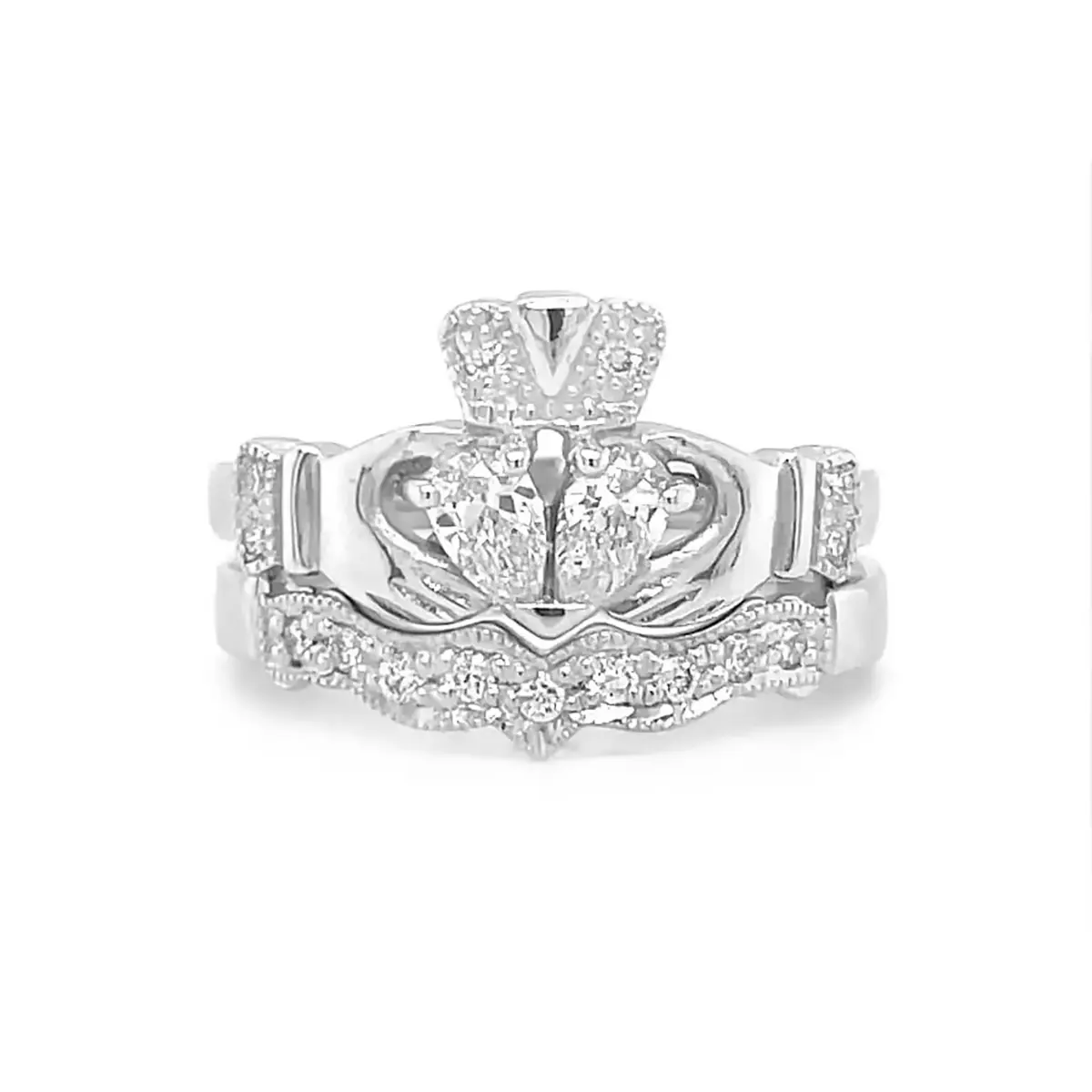 _2_split Heart Diamond And White Gold Claddagh Engagement Ring Set
