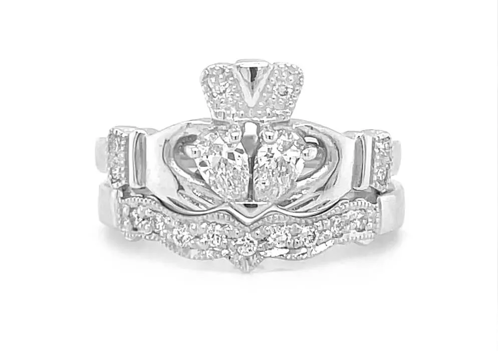 Split Heart Diamond And White Gold Claddagh Engagement Ring Set