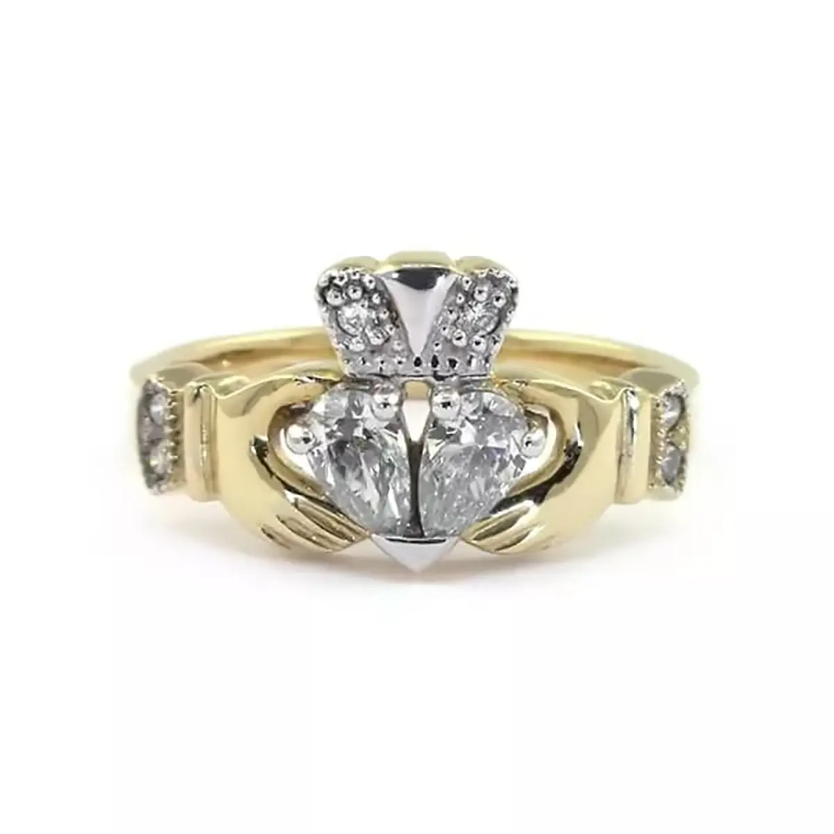 1_1_Yellow Gold Split Heart Diamond Claddagh Engagement Ring
