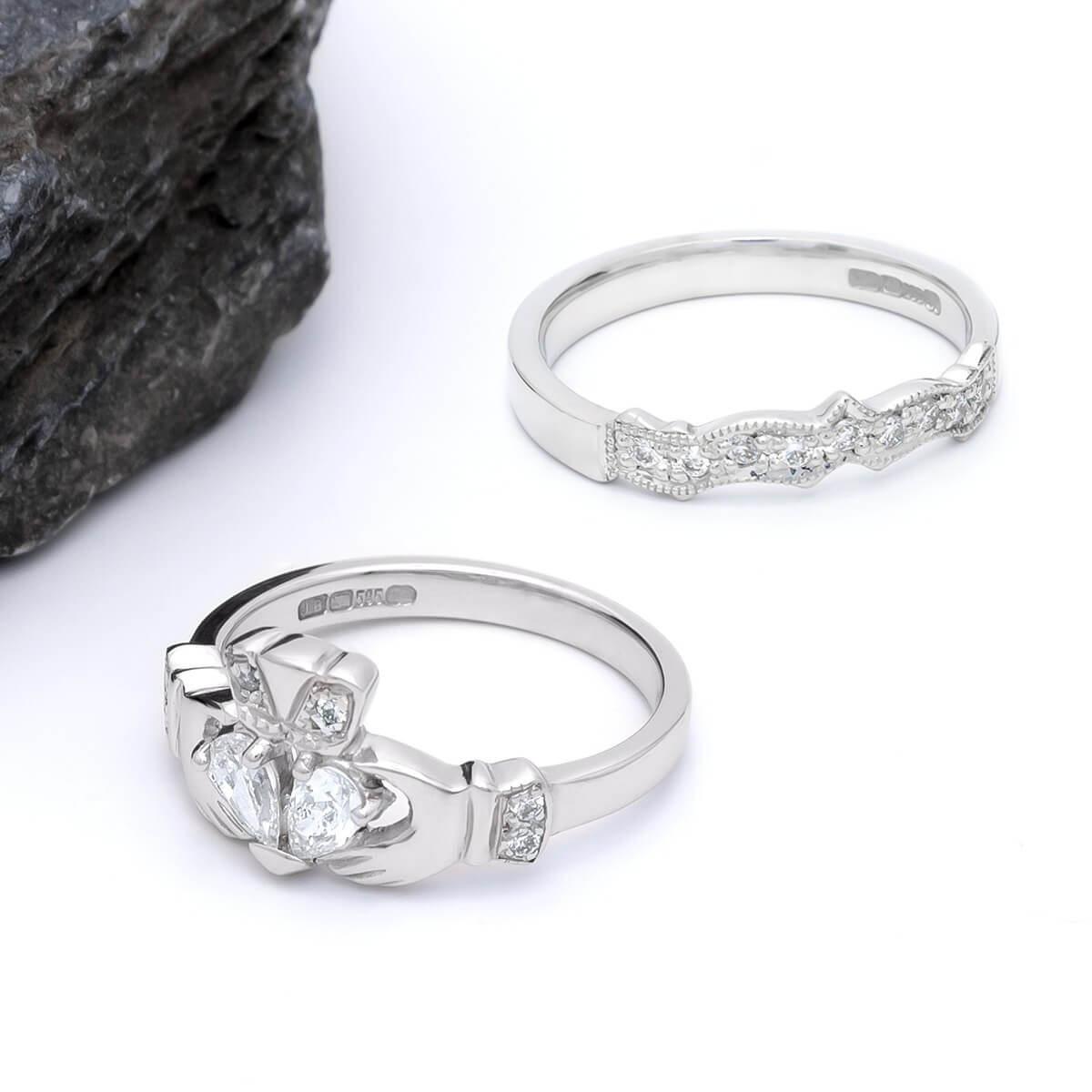 White Gold Claddagh Engagement Ring Set With Split-Heart Diamond, Cent...