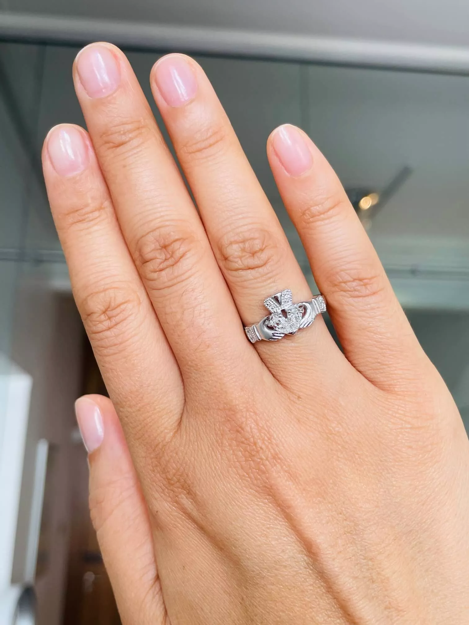 White Gold Split Heart Diamond Claddagh Engagement Ring 2 2