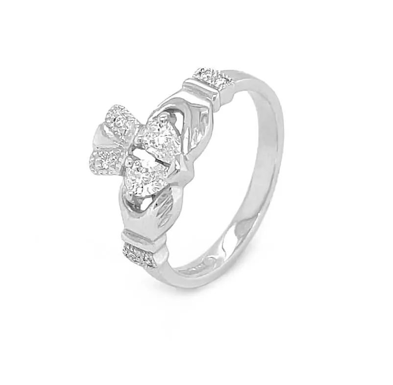 White Gold Split Heart Diamond Claddagh Engagement Ring