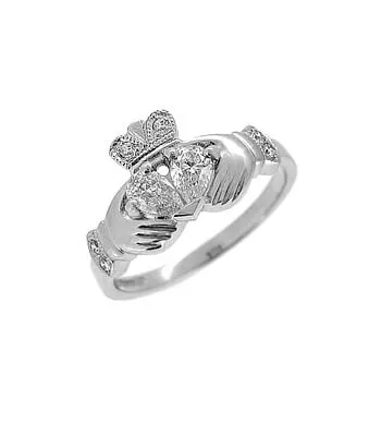 White Gold Split Heart Diamond Claddagh Ring 2 2