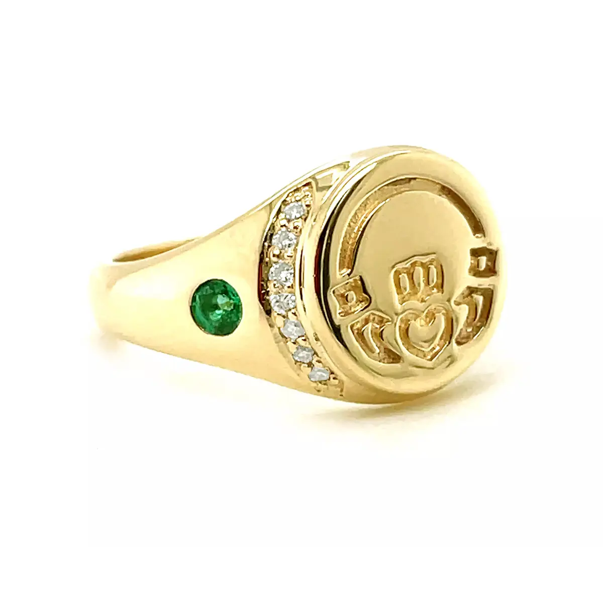 Claddagh Seal Ring In Gold With Heartshape Emerald And Diamond
