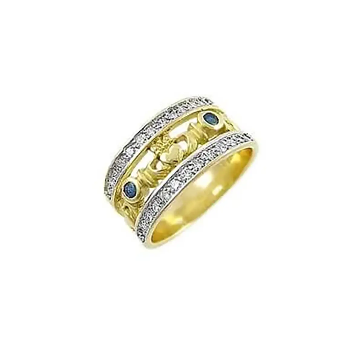 Sapphire and Diamond Wide Band Claddagh Ring...