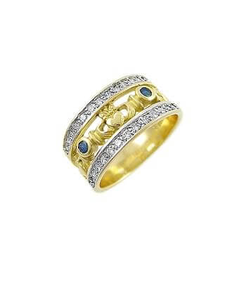 Gold Sapphire & Diamond Claddagh Ring