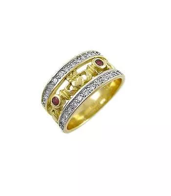 Gold Ring, Ruby & Diamond Claddagh Band Ring