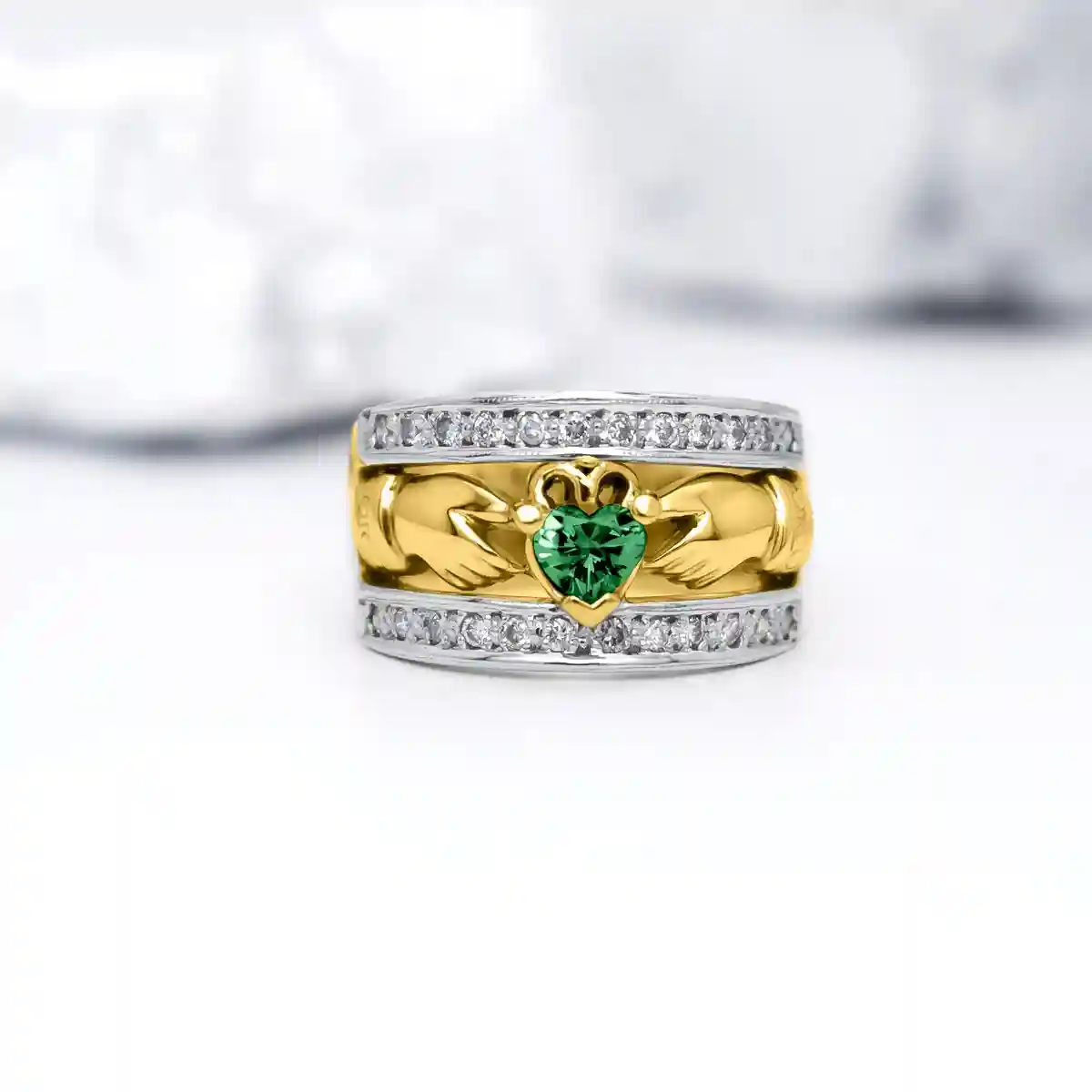 14k Gold Heartshape Emerald And Brilliant Cut Diamond Wide Claddagh Ring 1...