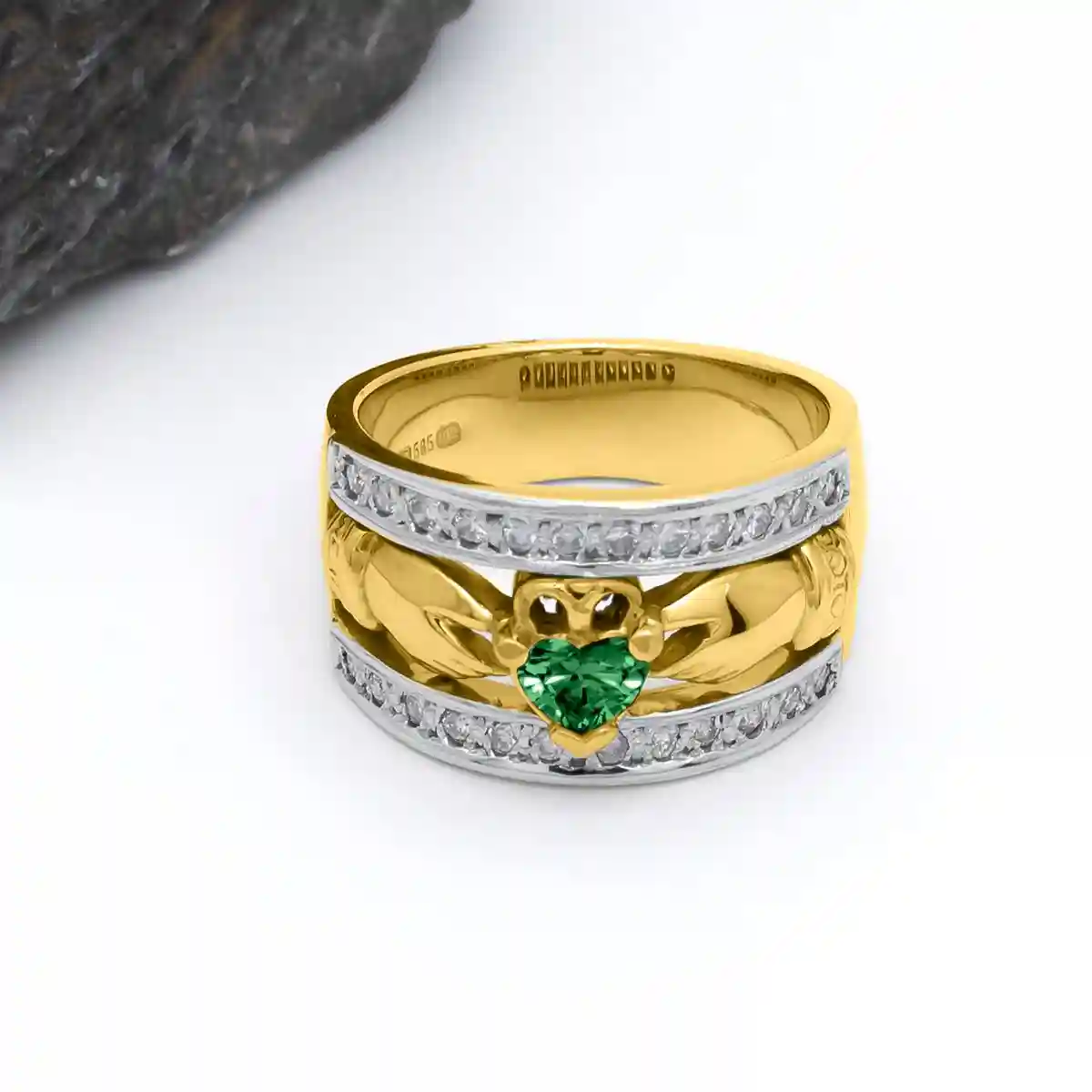 14k Gold Heartshape Emerald And Brilliant Cut Diamond Wide Claddagh Ring...