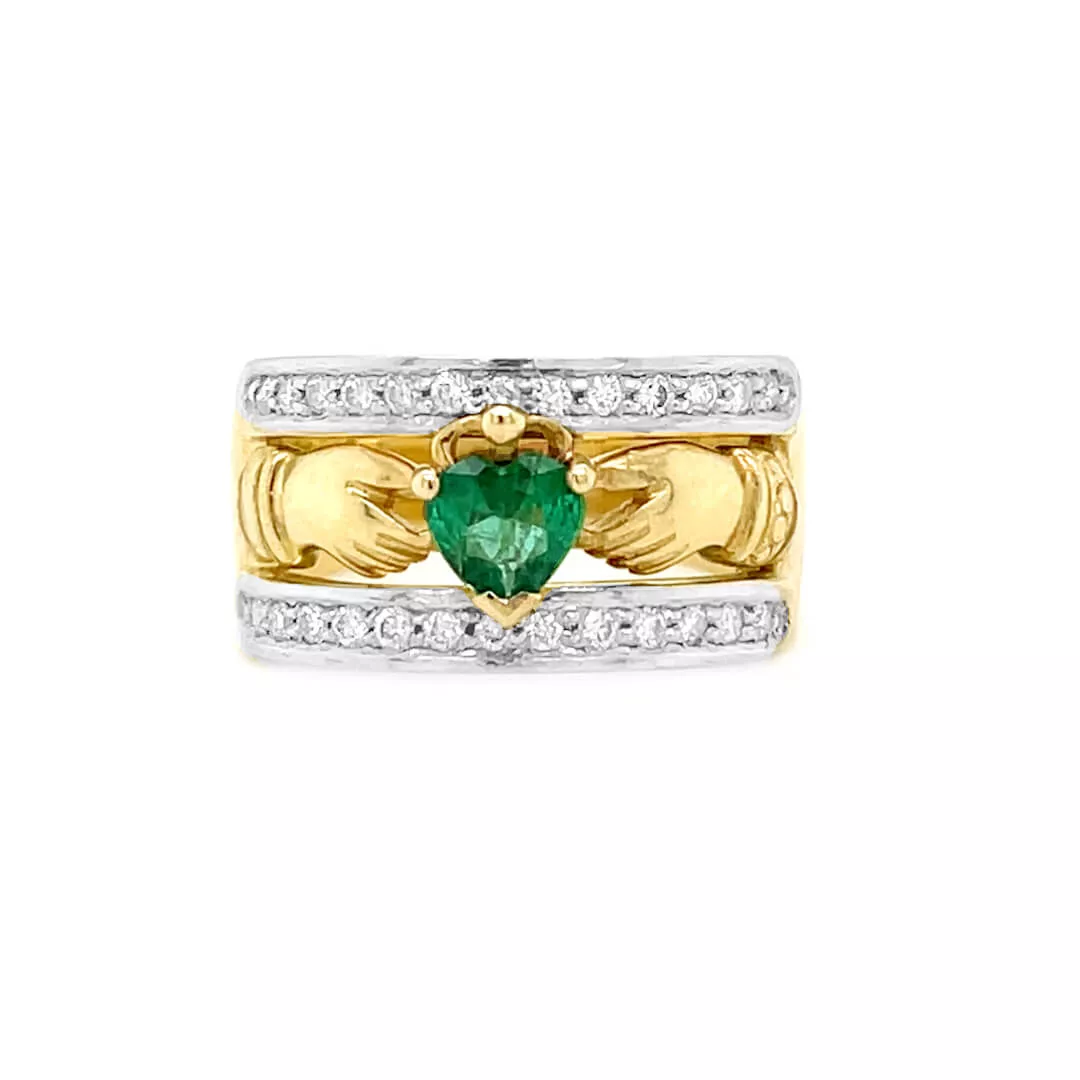 Yellow Gold Heartshape Emerald And Diamond Claddagh Ring 1 1