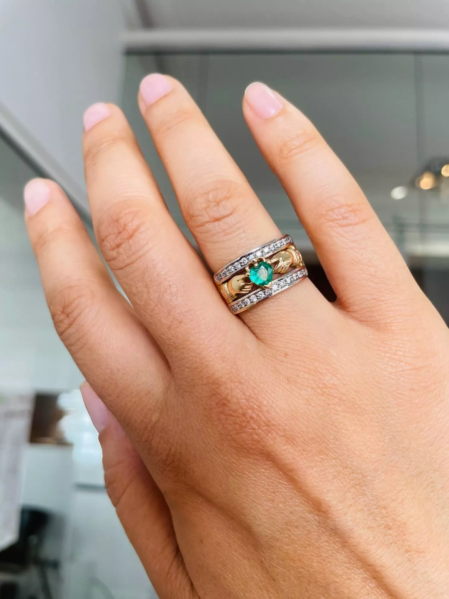 Yellow Gold Heartshape Emerald And Diamond Claddagh Ring 3 3