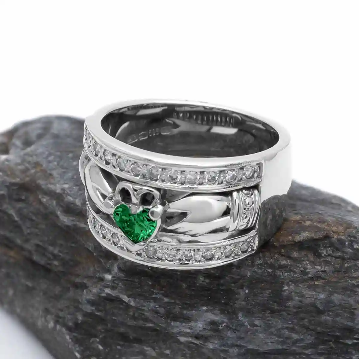 Full Heartshape Emerald And Diamond Claddagh Wide Ring 1...