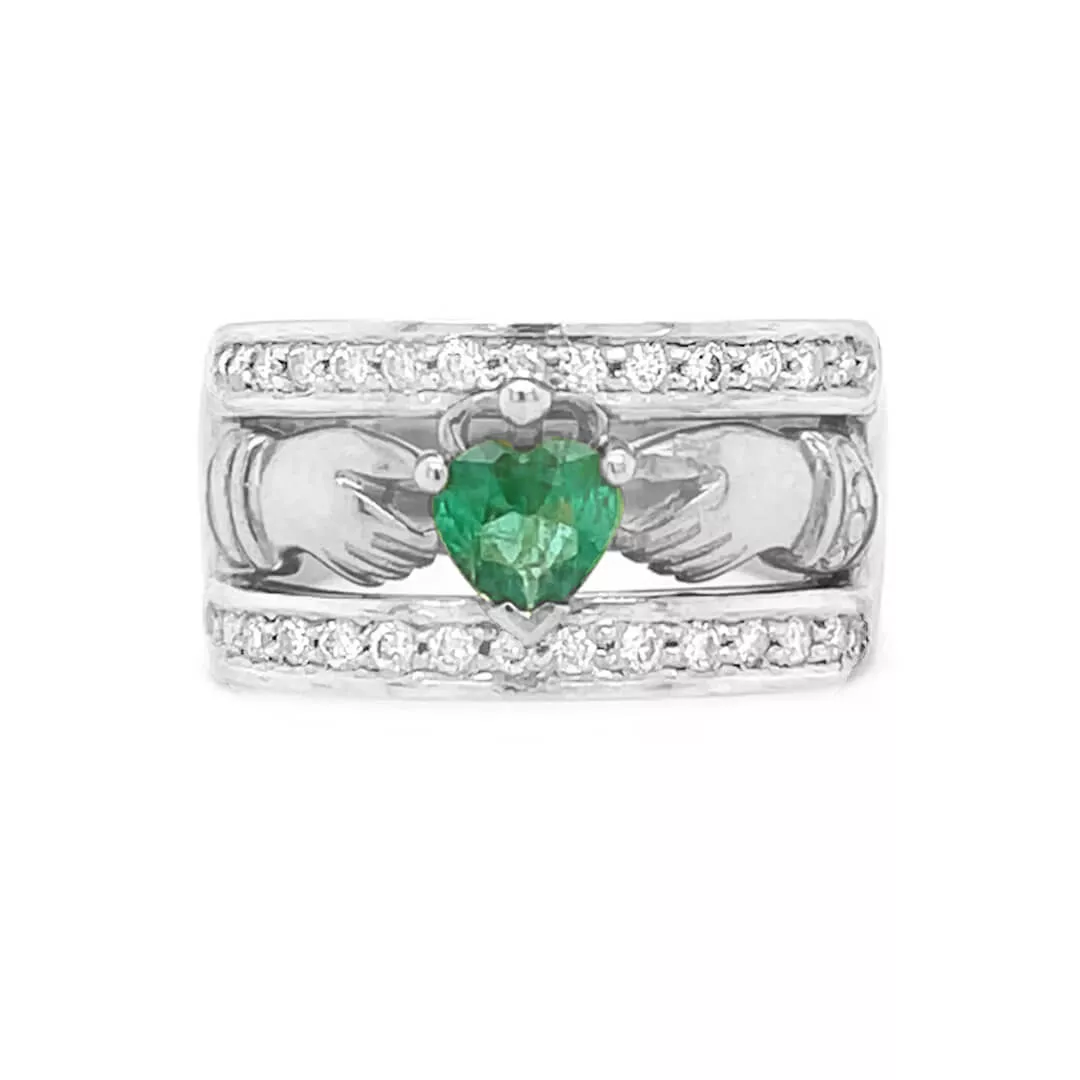 Heartshape Emerald And Diamond Claddagh Ring 