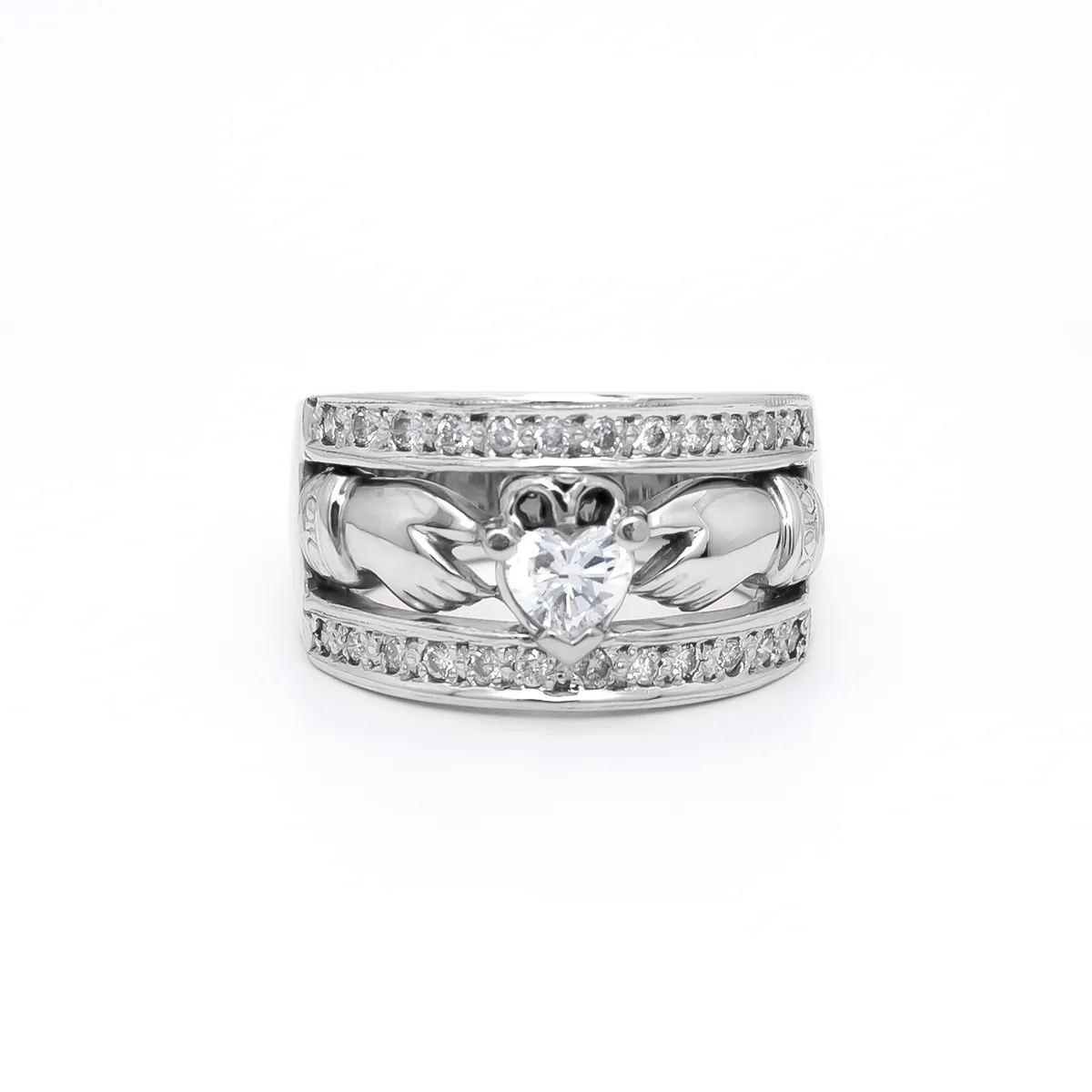 1 A White Gold Heartshape Wide Diamond Claddagh Ring...