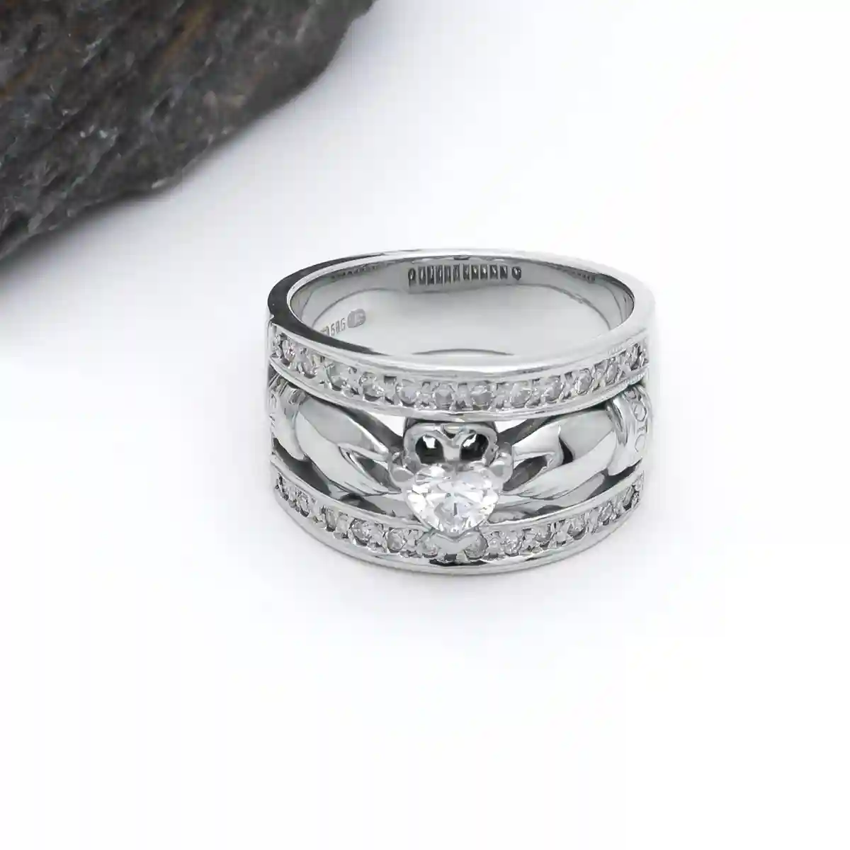 Heartshaped Diamond Claddagh Wide-Band Ring in White Gold...