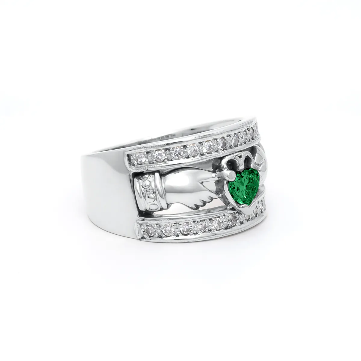 Diamond Wide White Gold Claddagh Ring Emerald 0 1...