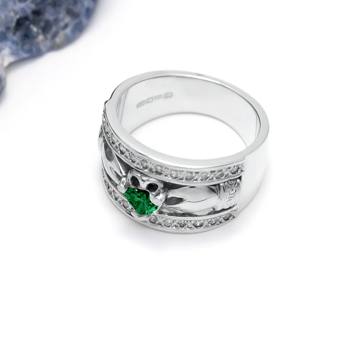 Diamond Wide White Gold Claddagh Ring Emerald 2...