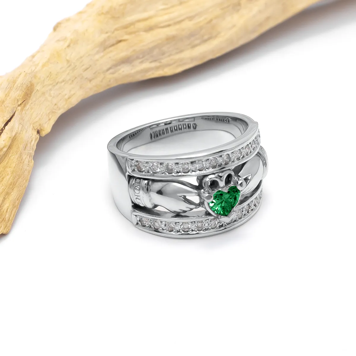 Diamond Wide White Gold Claddagh Ring Emerald 3a...