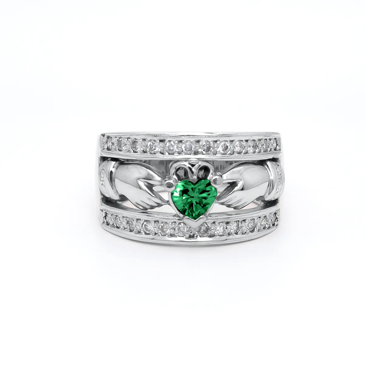 Diamond Wide White Gold Claddagh Ring Emerald...