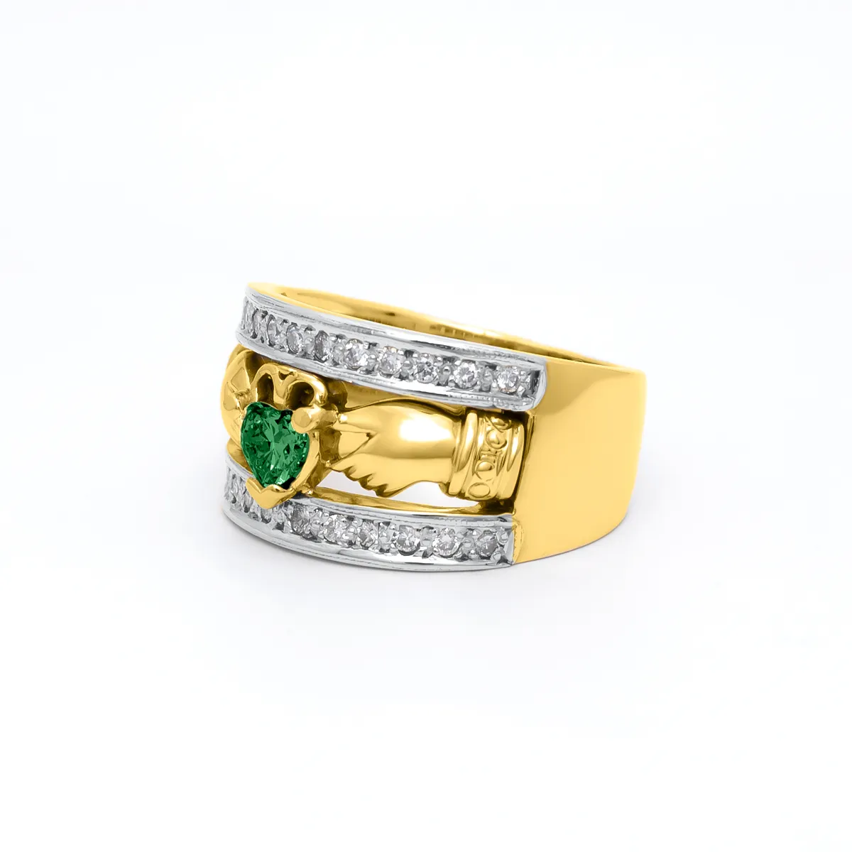 Diamond Wide Yellow Gold Claddagh Ring Emerald 1...