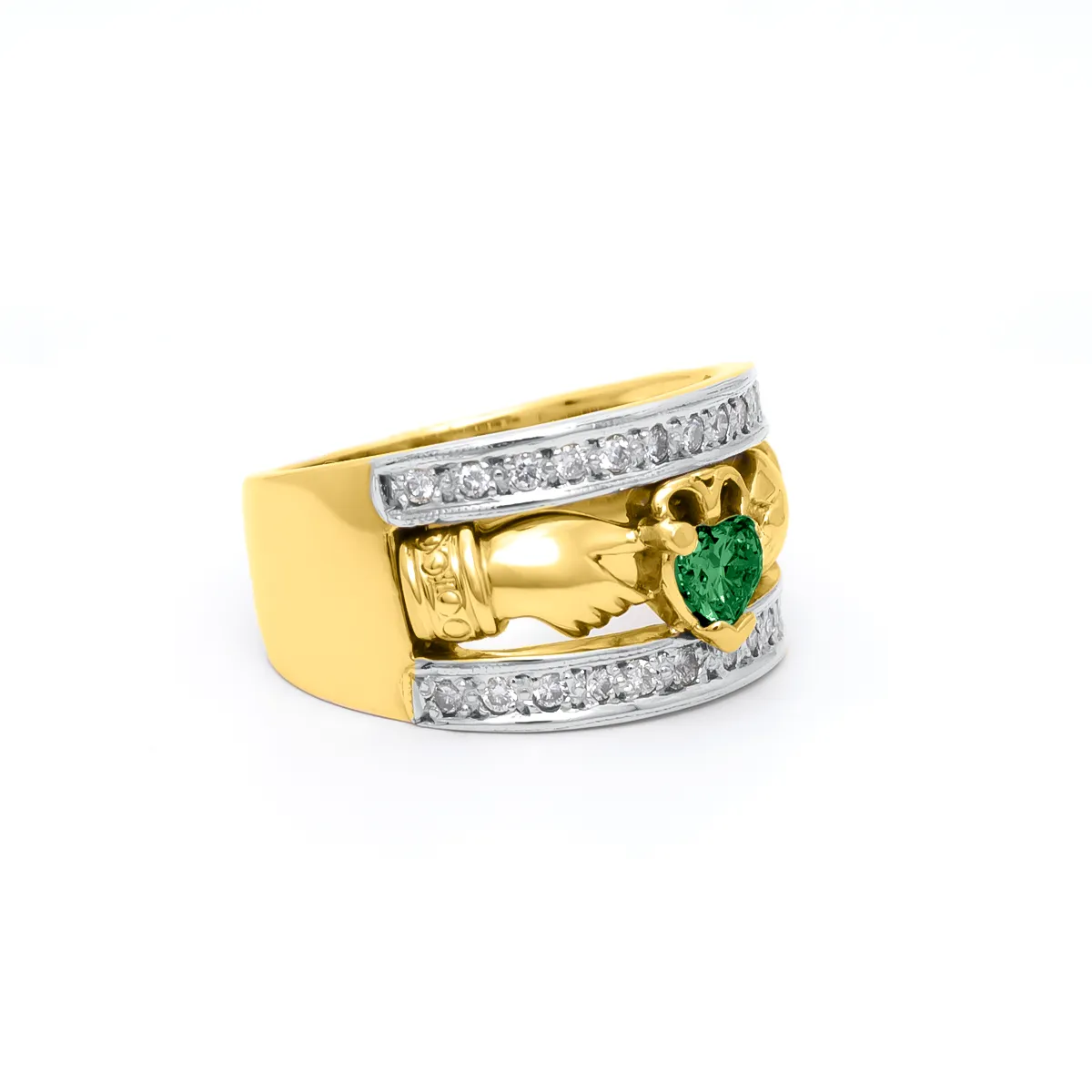 Diamond Wide Yellow Gold Claddagh Ring Emerald 2...