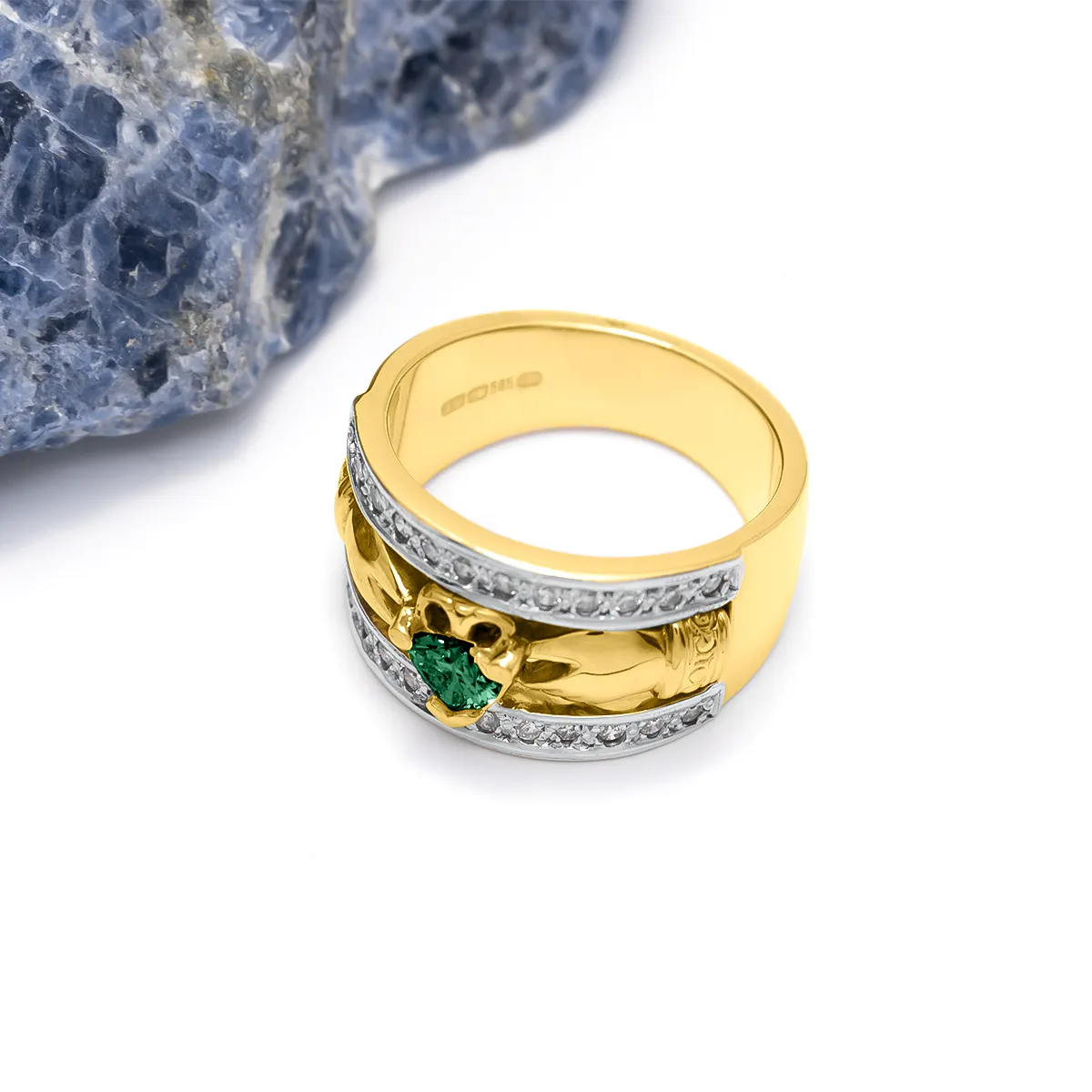 Diamond Wide Yellow Gold Claddagh Ring Emerald 3...