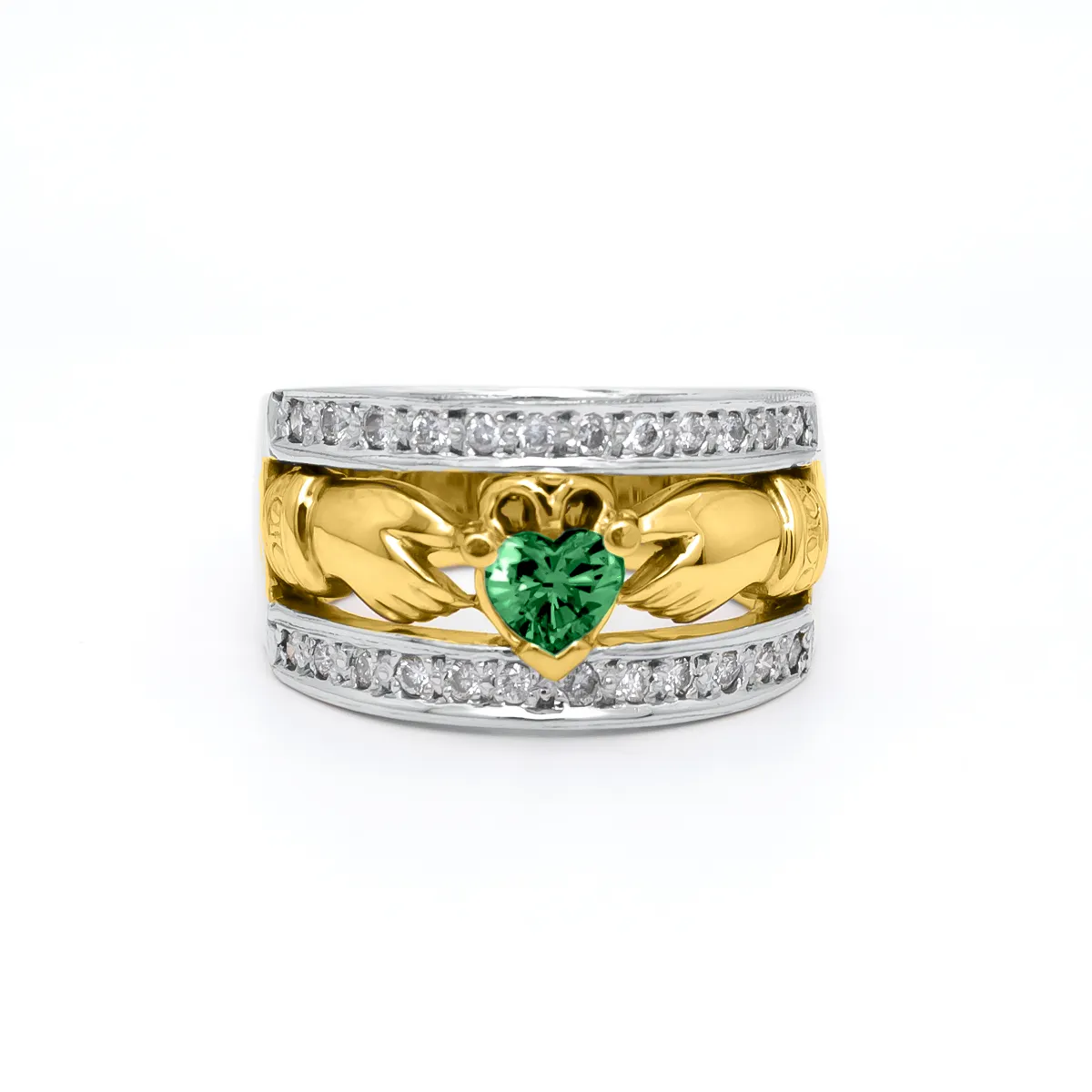 Diamond Wide Yellow Gold Claddagh Ring Emerald...