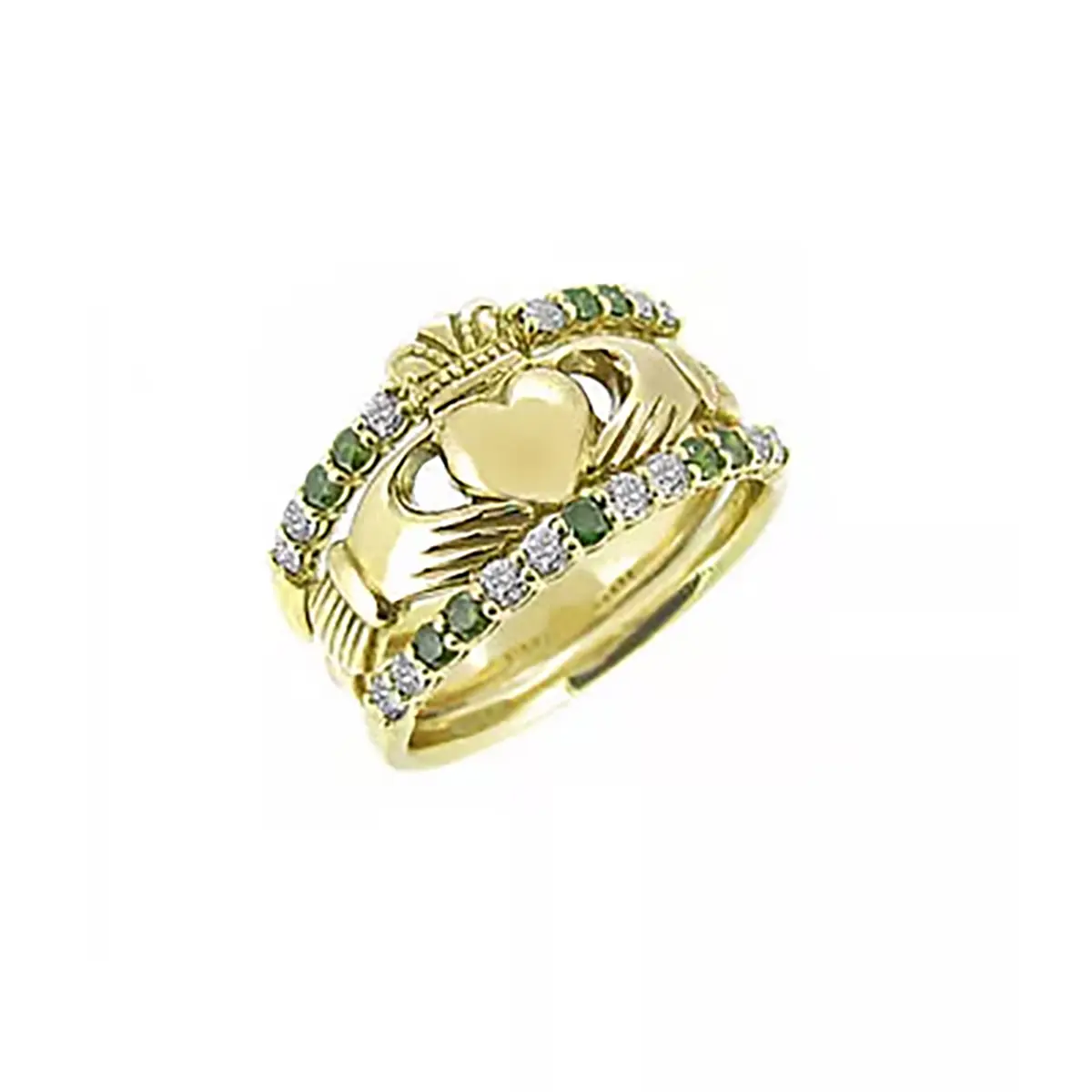 Claddagh Ring With White And Green Diamonds 