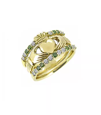 Gold Claddagh Ring With White And Green Diamonds 