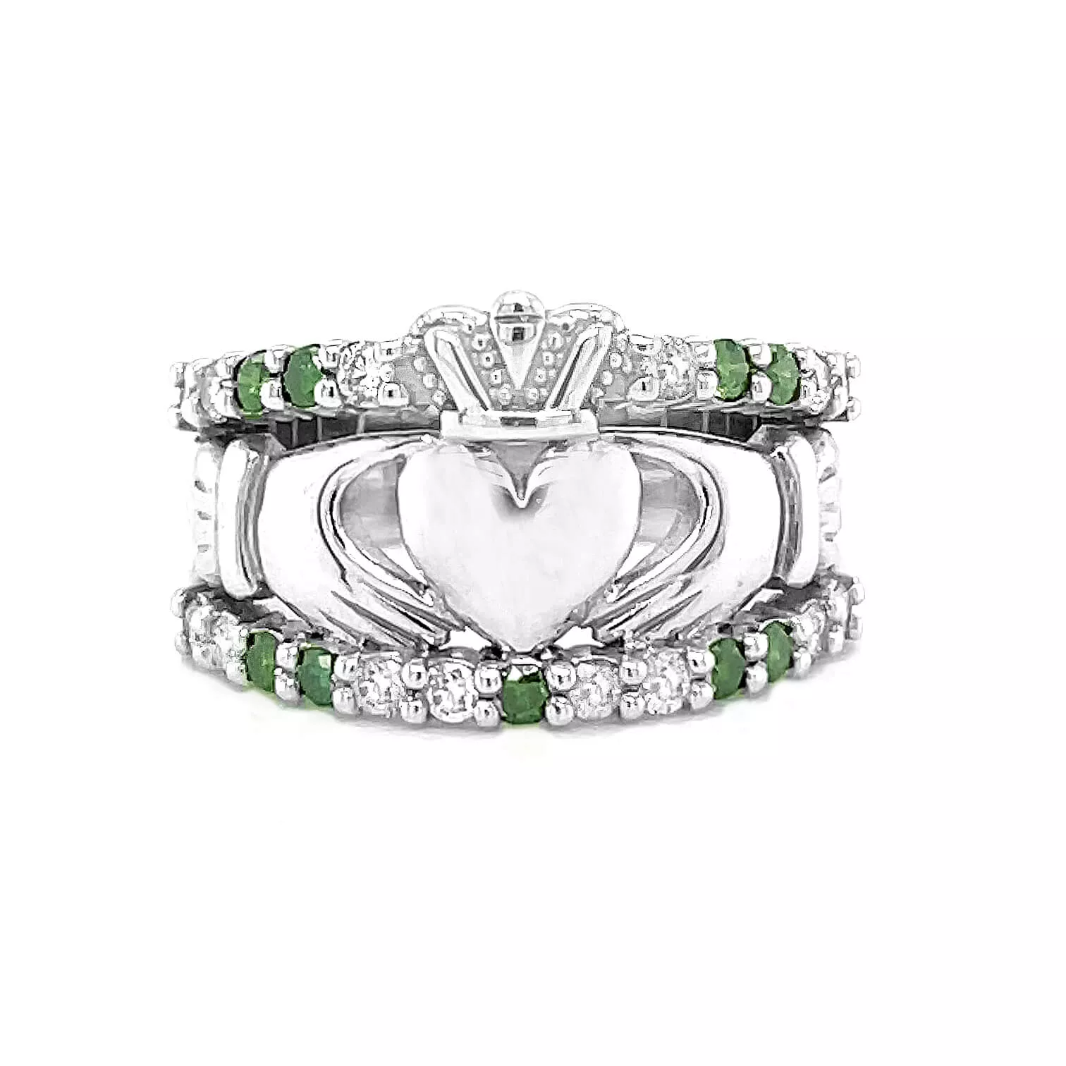 White Claddagh Ring With Green Coloured And White Diamonds 