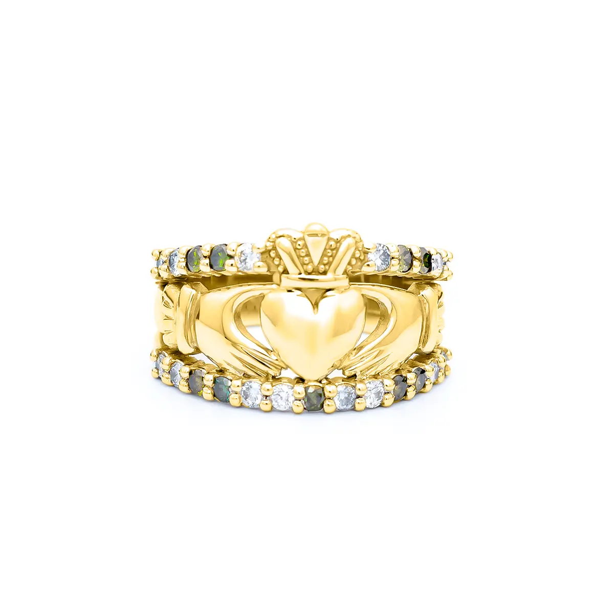 Gold Claddagh Ring With White And Green Diamonds 1...