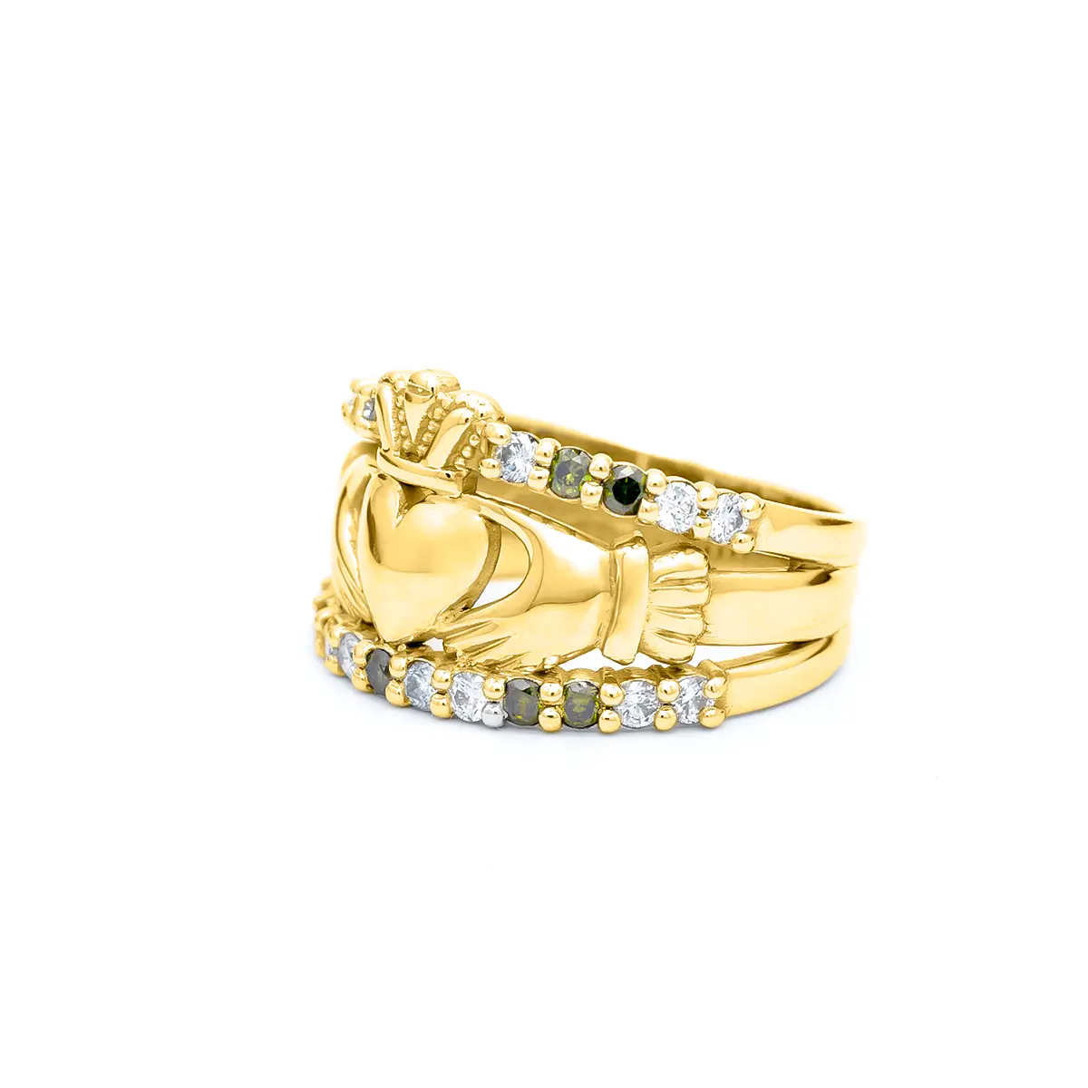 Gold Claddagh Ring With White And Green Diamonds 2...