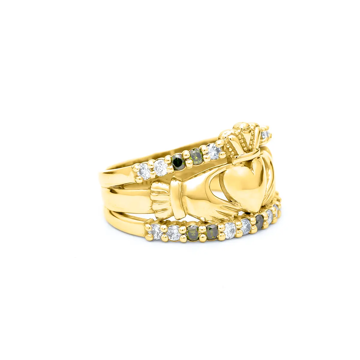 Gold Claddagh Ring With White And Green Diamonds 3...