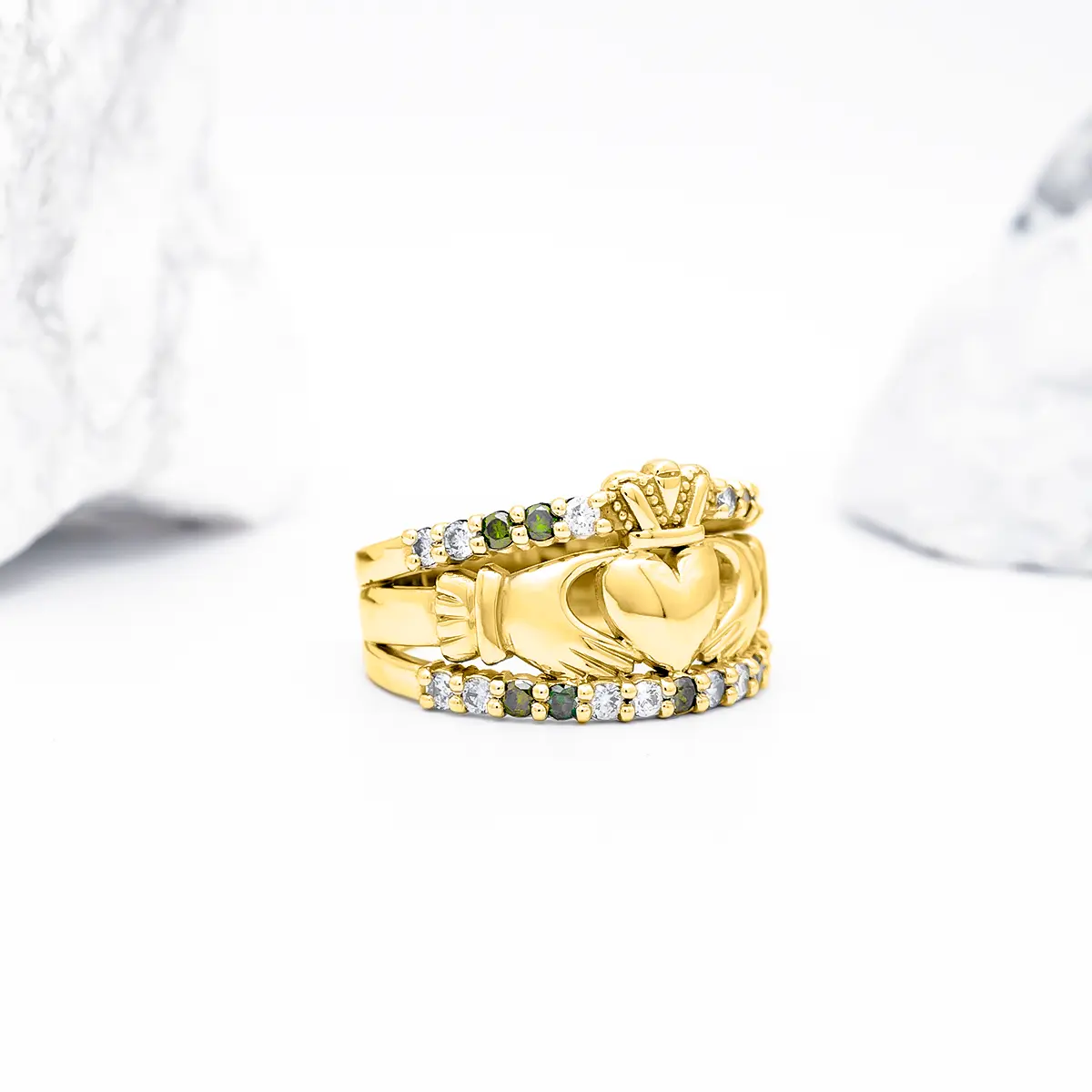 Gold Claddagh Ring With White And Green Diamonds 7...