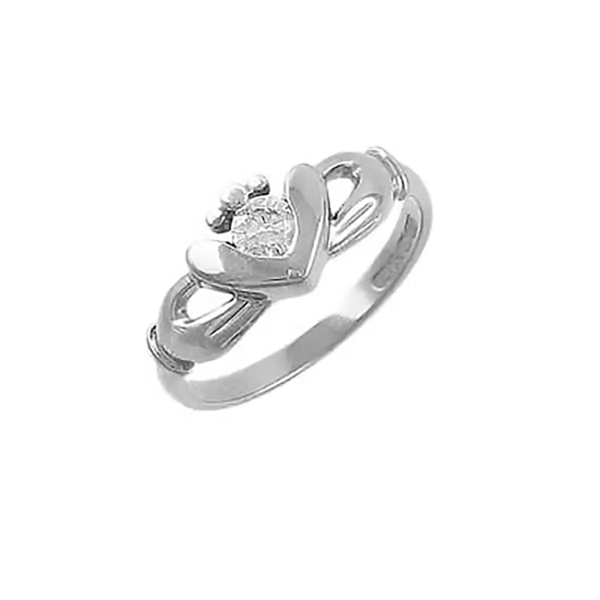 14k White Gold Claddagh Ring, Set With Single Brilliant Cut Diamond...