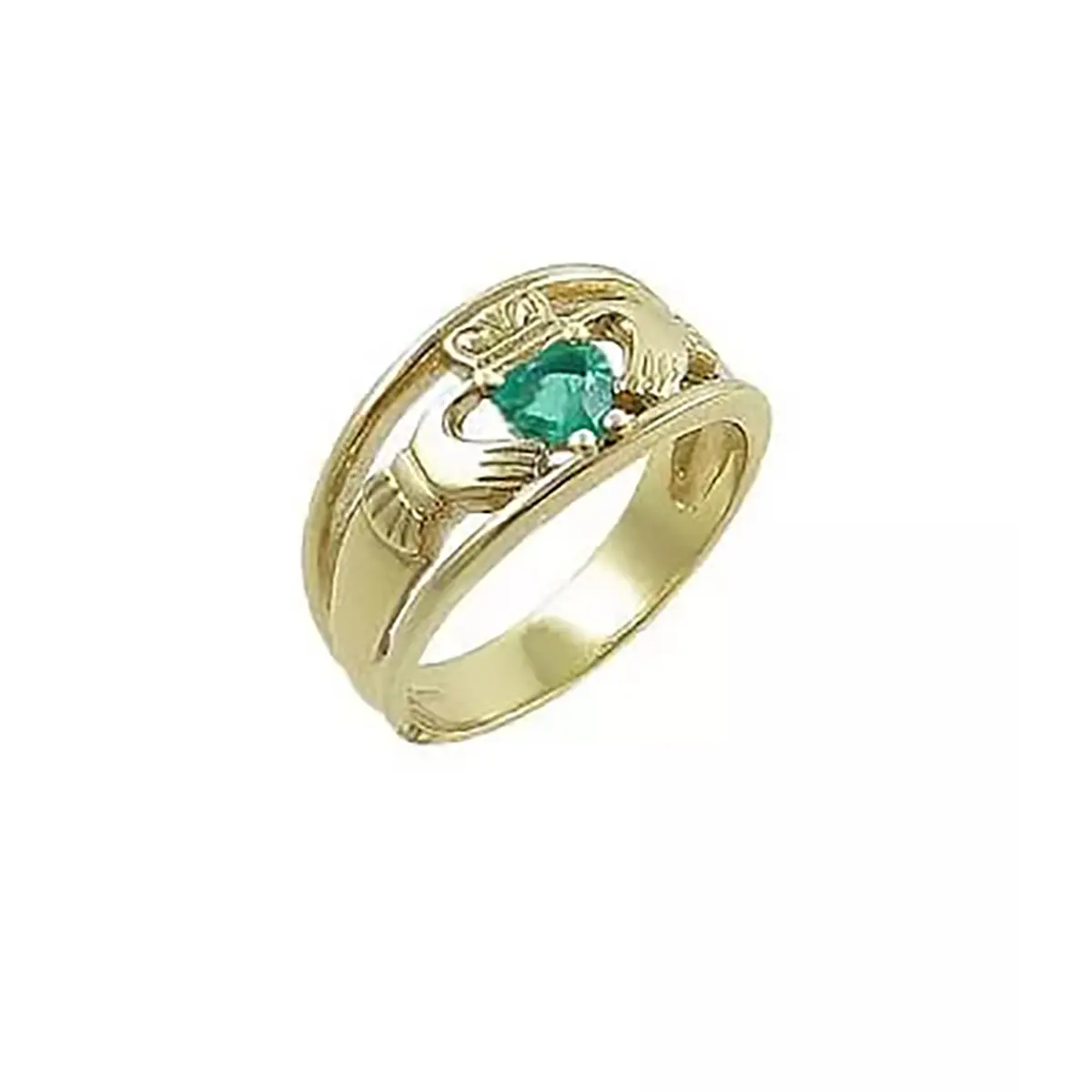 Gold Heartshape Emerald. Diamond Claddagh Wide Ring