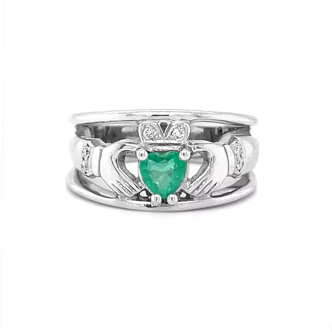 White Gold Heartshape Emerald And Diamond Claddagh Wide Ring 1 1