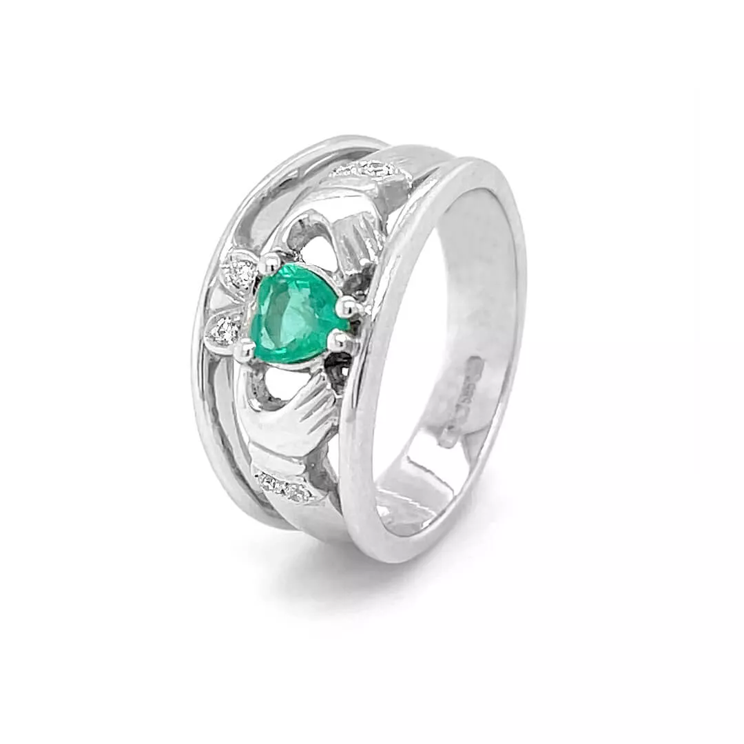 White Gold Heartshape Emerald And Diamond Claddagh Wide Ring 2 2