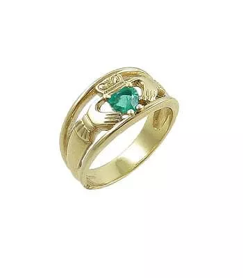 Yellow Gold Heartshape Emerald Diamond Claddagh Wide Ring 1 1